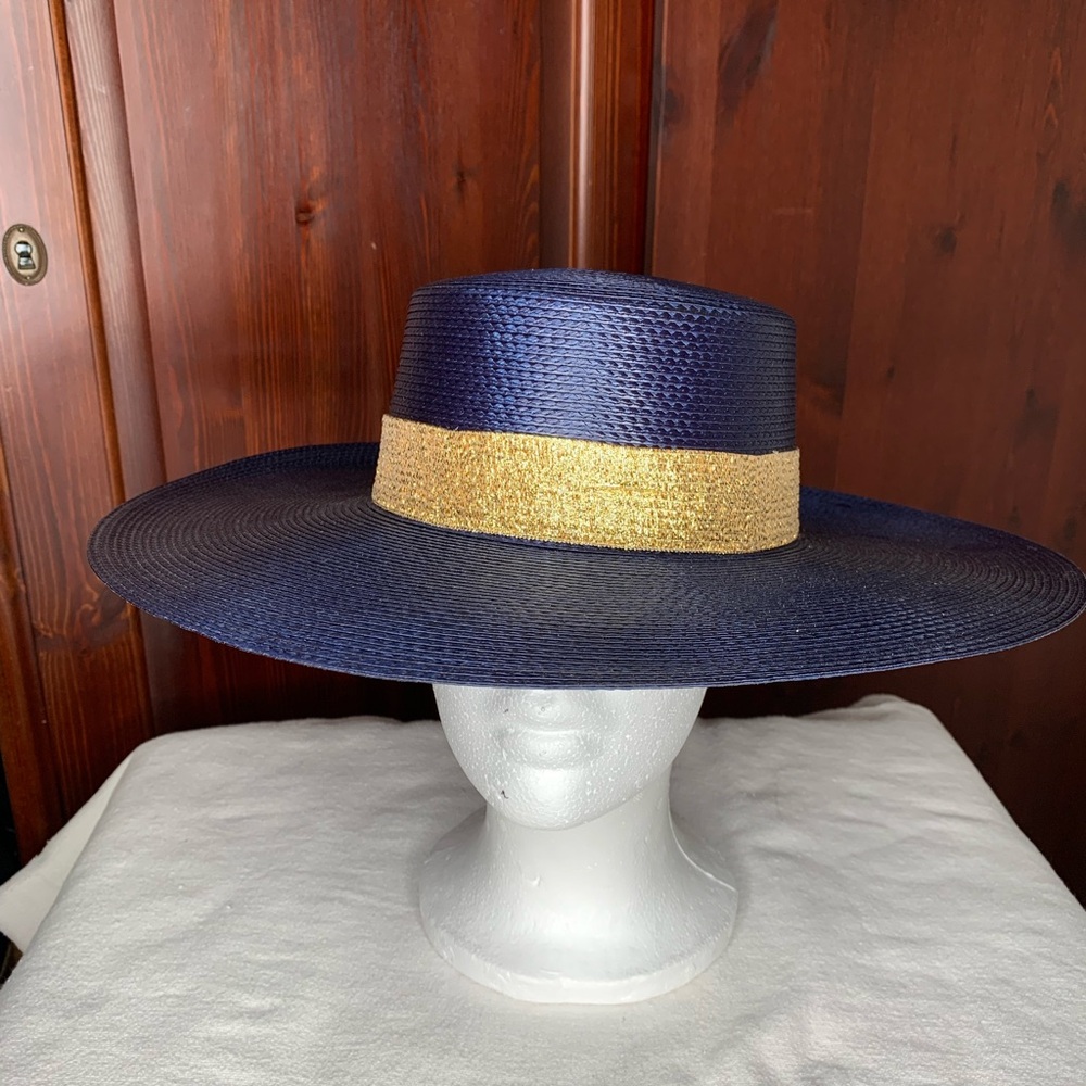 Navy Wide Brim Hat with Gold Band Church Hat